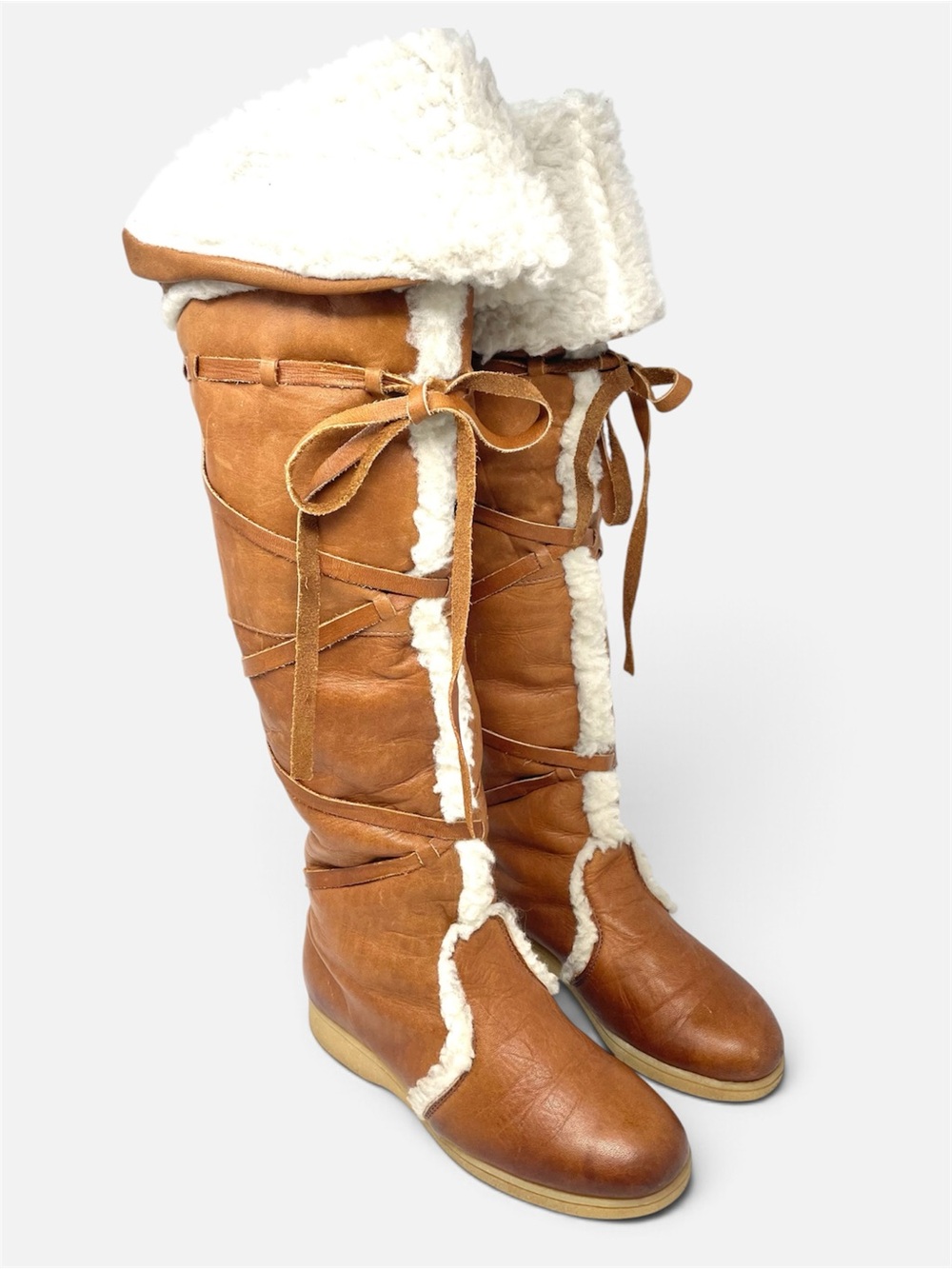 Vintage 70's Bastien Husky Over Knee Leather Shearling Lace-Up Boots Women's 6.5